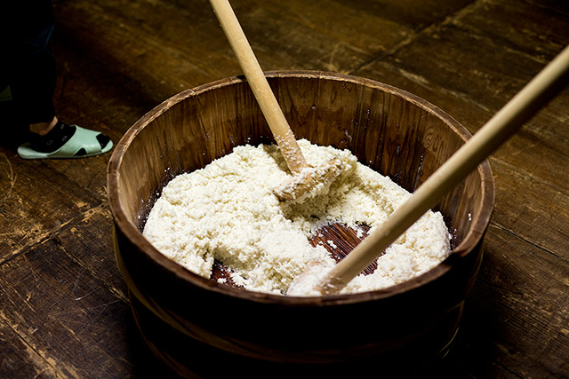 櫂棒を使って、蒸し米と米麹、水を混ぜる
